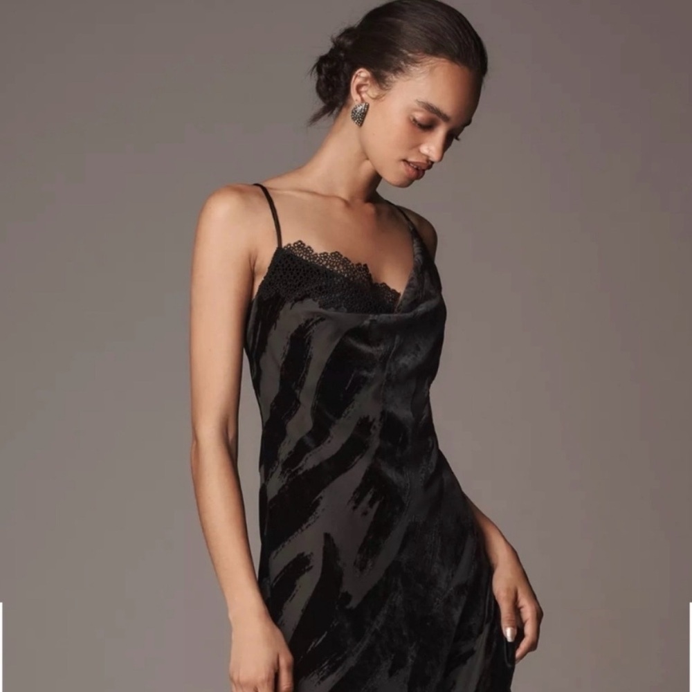 NWOT Anthropologie Black Slip Dress - Cowl Neck - Velvet Zebra Print - Picture 5 of 10